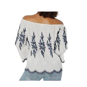 RD KOKO White and Blue Off-Shoulder Embroidered Blouse 3/4 Sleeve